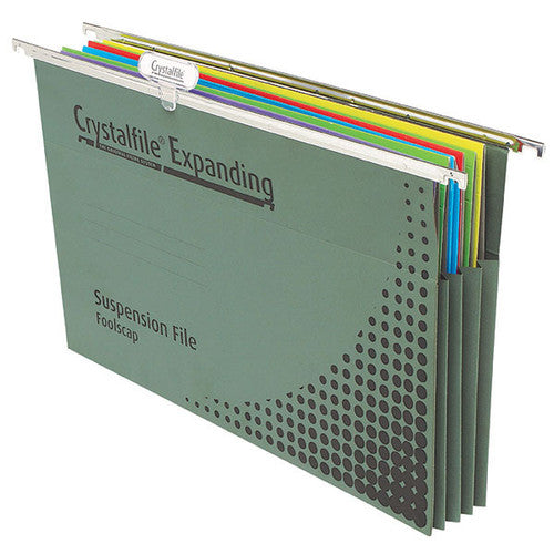 Crystalfile expanding foolscap suspension files in green, pack of 10, showing extra-wide base and nylon runners