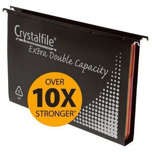 Crystalfile Extra Double Capacity suspension file in black with silver print, a PP recycling mark, an Over 10X Stronger flash, black hanging rods and coloured folders inside