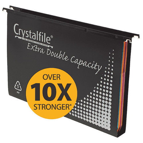 Crystalfile Extra double capacity foolscap suspension file in black, pack of 10, with tabs and inserts included