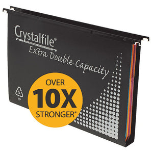 Crystalfile Extra double capacity foolscap suspension file in black, pack of 10, with tabs and inserts included