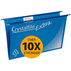 Two Crystalfile Extra foolscap suspension files in blue with blue hanging rods, a clear tab holding a white insert labelled Orders, a PP recycling mark and an Over 10X Stronger flash