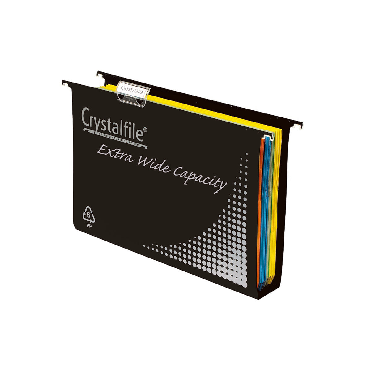 Crystalfile Extra Wide Capacity suspension file in black with silver print, a PP recycling mark, a wide square base, black hanging rods, a clear tab and coloured folders filed inside