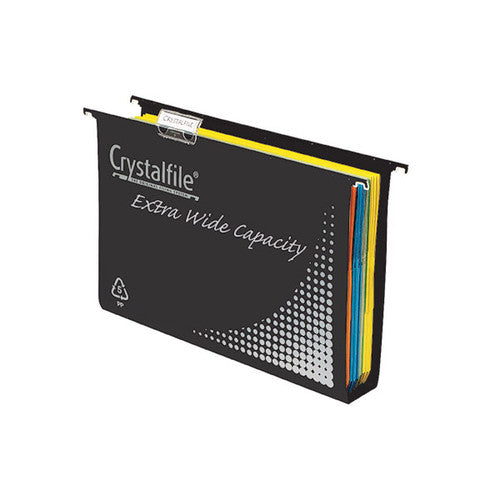 Crystalfile Extra Wide Capacity Suspension Files foolscap black pack of 10 with 50mm base and nylon runners