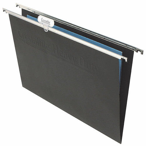 Crystalfile heavy duty foolscap suspension files in black, pack of 10, with nylon runners and push-down tabs