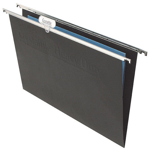 Crystalfile Heavy Duty Foolscap Suspension Files in black, pack of 50, with nylon runners and push-down tabs