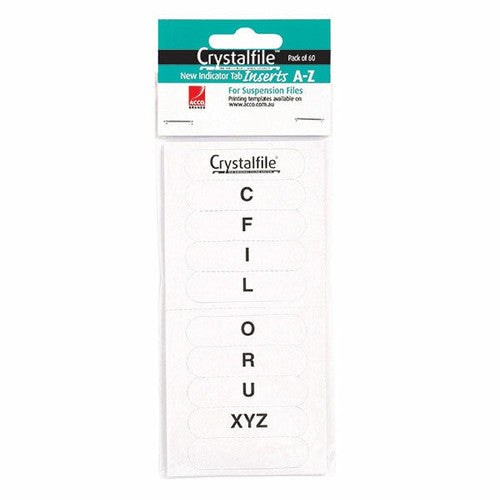Crystalfile A-Z white indicator tab inserts on a suspension file tab, pack of 60, made from recycled board