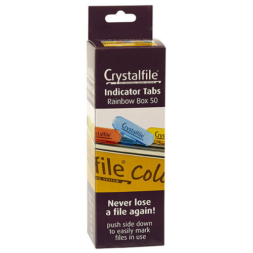 Crystalfile rainbow indicator tabs box of 50 showing assorted blue green yellow orange and red tabs