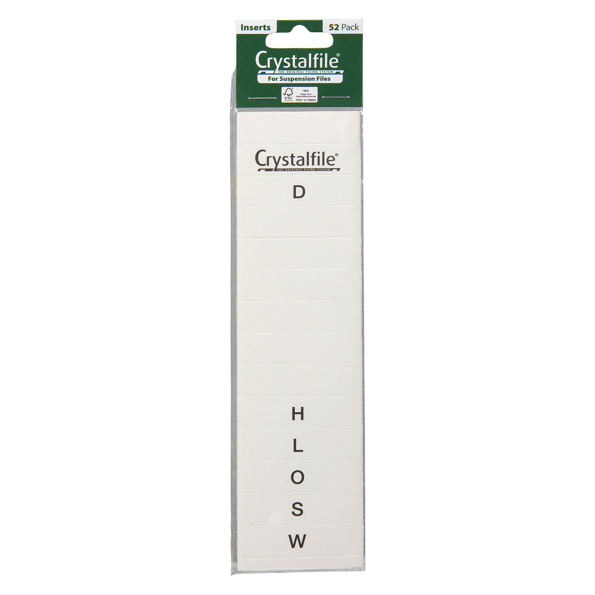 Retail pack of Crystalfile Insert Tabs A Z White Pack 52 displayed on a white background. The packaging clearly shows the branded alphabetical insert sheets designed for use with suspension file indicator tabs, making replacement and new filing systems easy to organise.