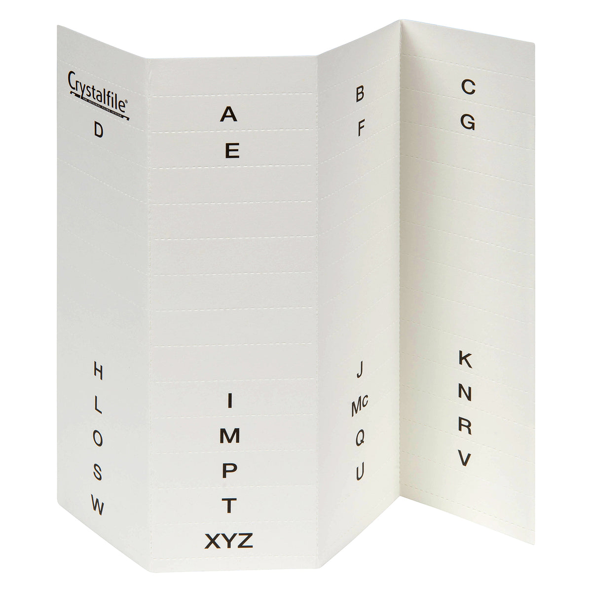 Crystalfile Insert Tabs A Z White Pack 52 unfolded to display the complete alphabetical and grouped letter layout. The white cardboard insert sheet provides clearly printed labels ready for creating an organised suspension filing system.