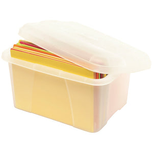 Crystalfile Mini Porta Storage Box 20L clear translucent with lid, showing internal suspension file rails, pack of 6