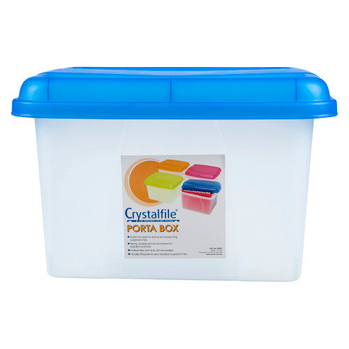 Crystalfile Porta Box 32L with blue lid and clear base, front view