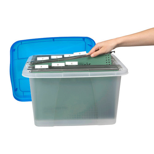 Pack of 6 Crystalfile Porta Boxes with blue lids and translucent clear bases