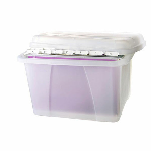 Crystalfile Porta Box 32L clear translucent storage box with internal suspension file rails, shown with included foolscap suspension files