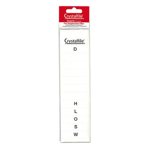 ACCO pack shot of Crystalfile Inserts 52 pack for suspension files, red header card above white rectangular A-Z insert strips with the Crystalfile name and letters D, H, L, O, S and W