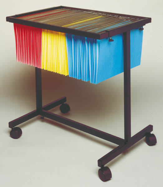 ACCO photograph of the 48500 suspension filing trolley, a dark metal frame on four castors with red, yellow and blue suspension files hanging from its top rails