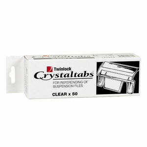 White Twinlock Crystaltabs box for referencing of suspension files, clear x 50, with a line drawing of a rectangular clear tab