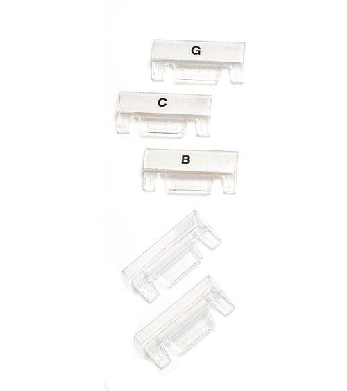 Close-up of clear square-edge indicator tab angled down to mark a file in use