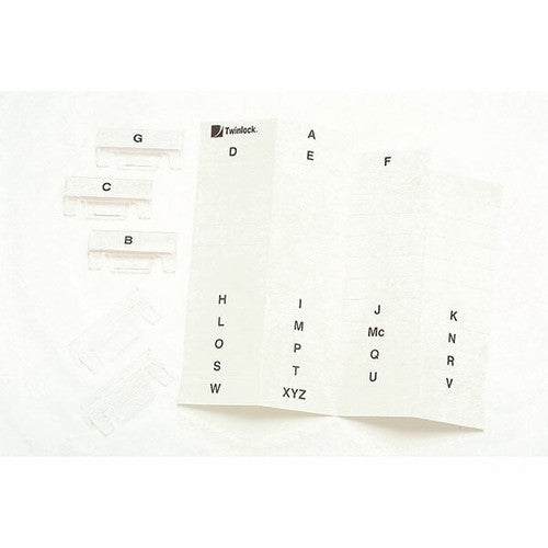 Box of 50 Crystalfile Twinlock clear tabs showing tab titles magnified for easy identification