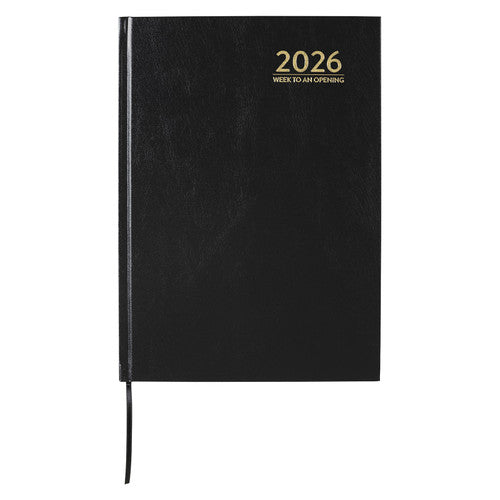 Cumberland 2026 A4 casebound diary with a black hard cover, the year and Week To An Opening printed in gold, and a black ribbon
