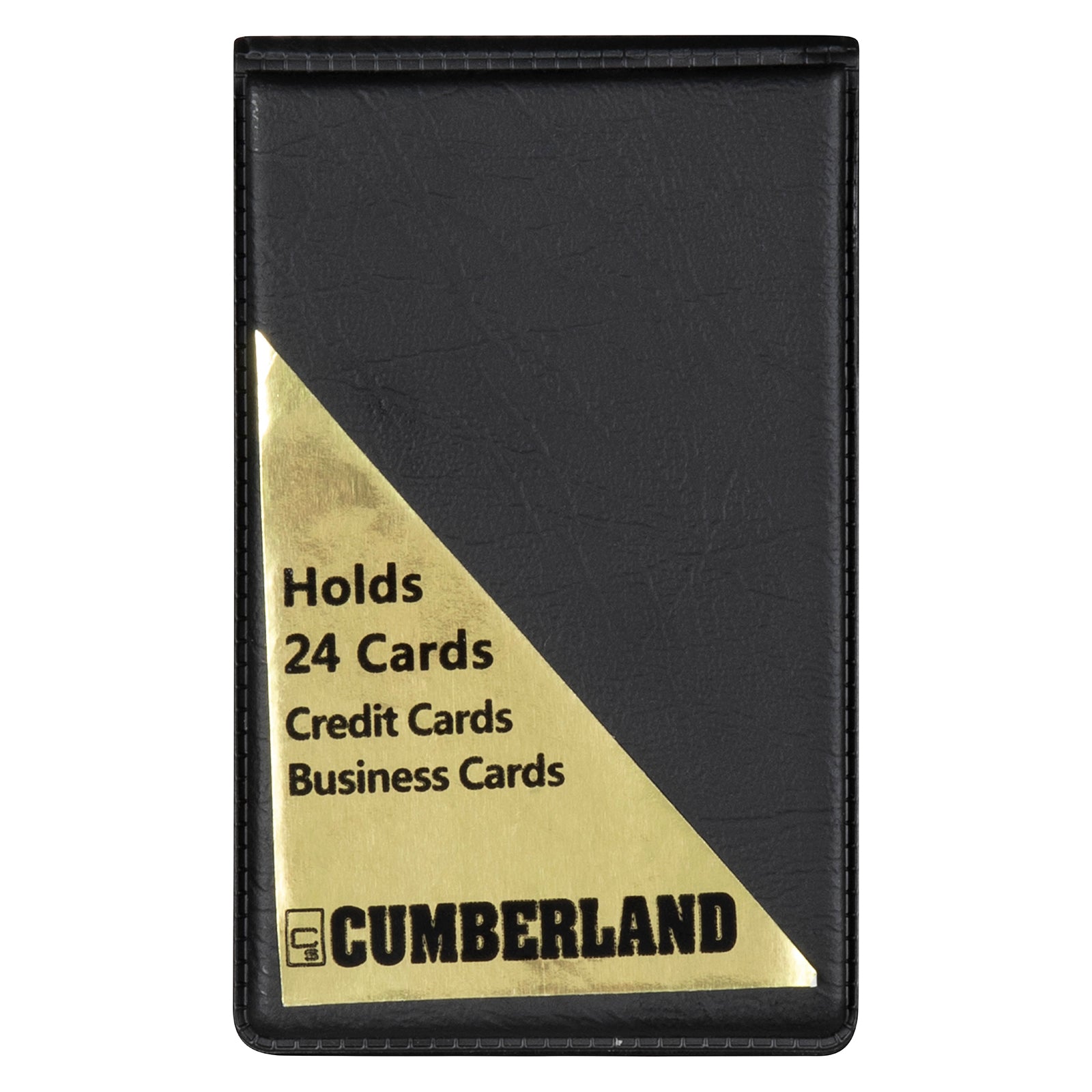 Front product view of the Cumberland Business Card File displaying the black leathergrain finish with gold corner branding, highlighting the 24 card capacity and compact professional design.