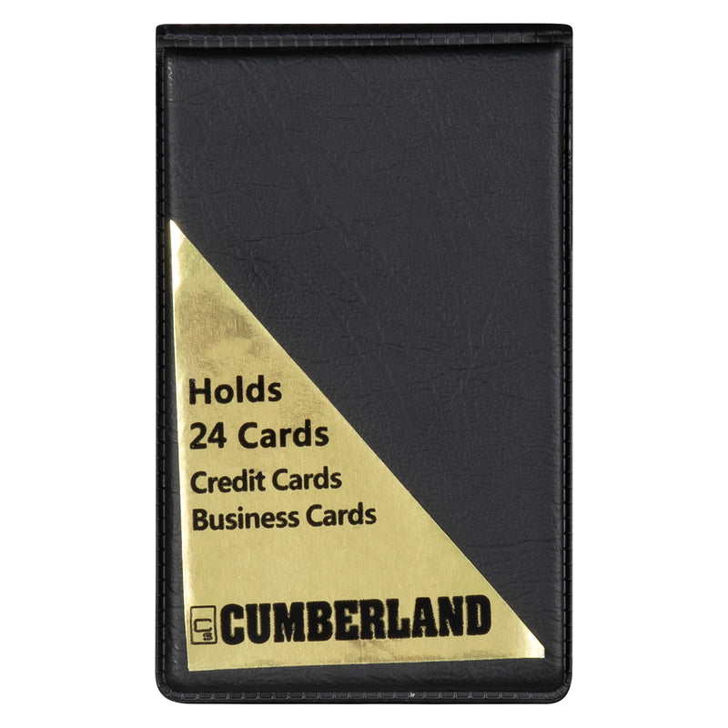 Front product view of the Cumberland Business Card File displaying the black leathergrain finish with gold corner branding, highlighting the 24 card capacity and compact professional design.