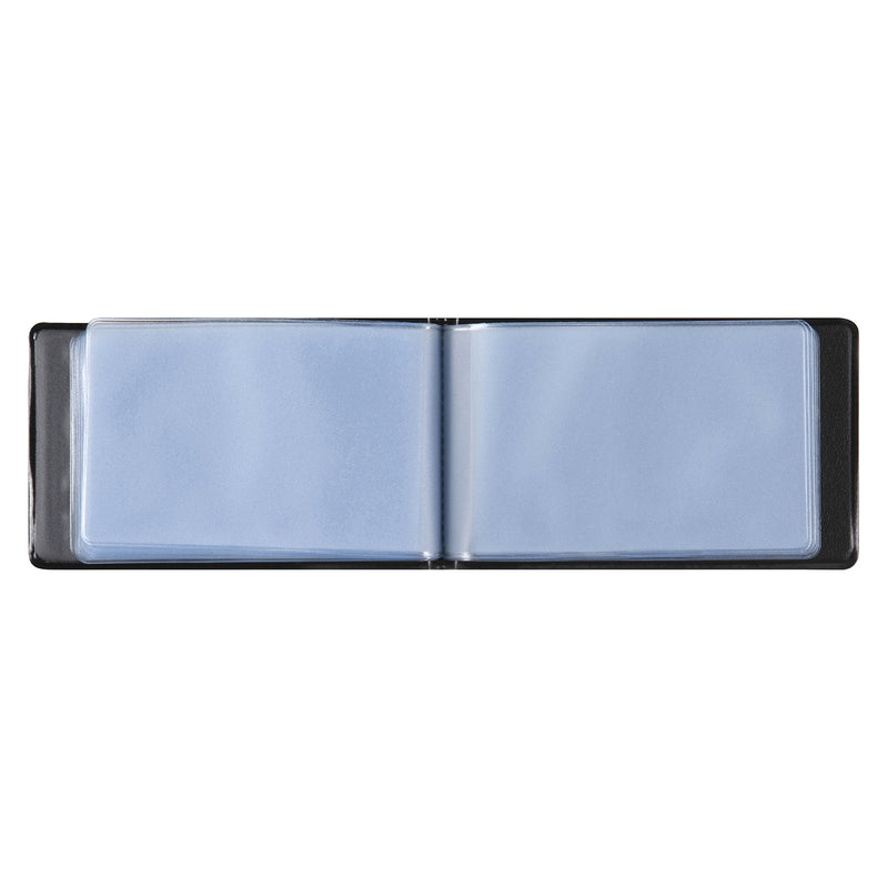 Fully opened Cumberland Business Card File displaying empty transparent card sleeves against a clean white background, showcasing the internal layout designed to organise up to 24 business or credit cards.