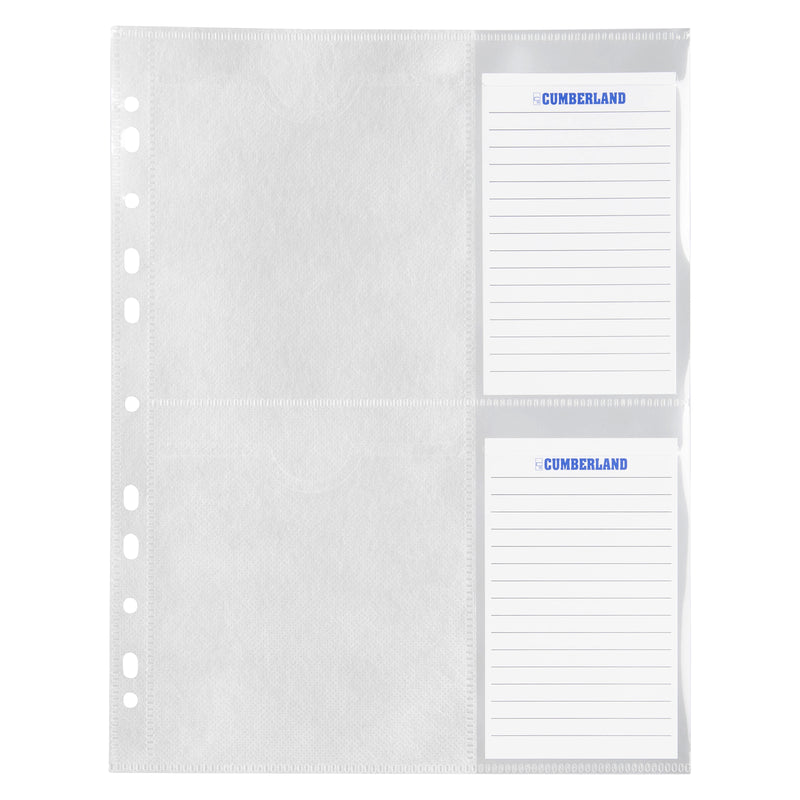 Clear Cumberland A4 CD DVD binder pocket shown empty with integrated index card sleeves, illustrating the durable polypropylene construction and layout designed for organised disc storage.