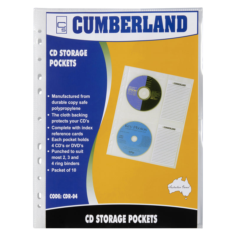 Retail packaging for Cumberland CD Storage Pockets displaying product features including copy safe polypropylene construction, cloth backing, index cards, four disc capacity and compatibility with 2, 3 and 4 ring binders.