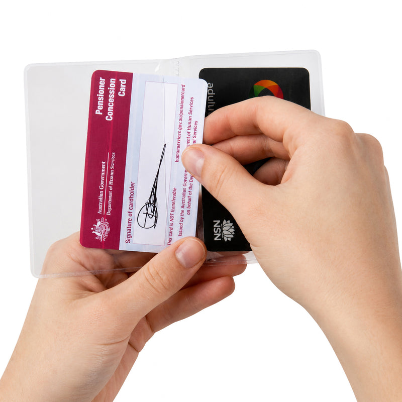 Close up showing hands inserting and removing a card from the Cumberland PVC card holder. The transparent pockets provide quick access while protecting valuable concession, membership or identification cards during everyday use.
