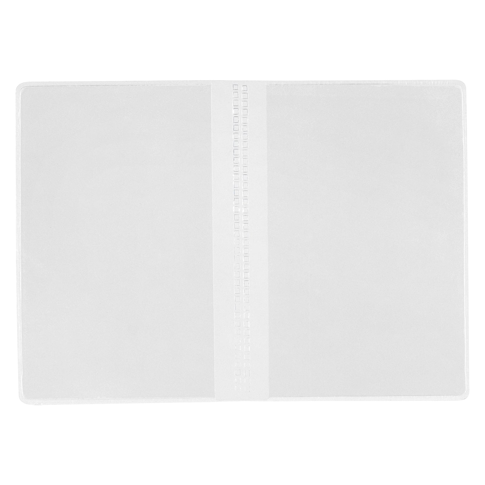 Studio image of the empty Cumberland clear PVC card holder laid flat on a white background, showcasing its transparent finish, rounded corners and dual card compartments ready to protect important cards.