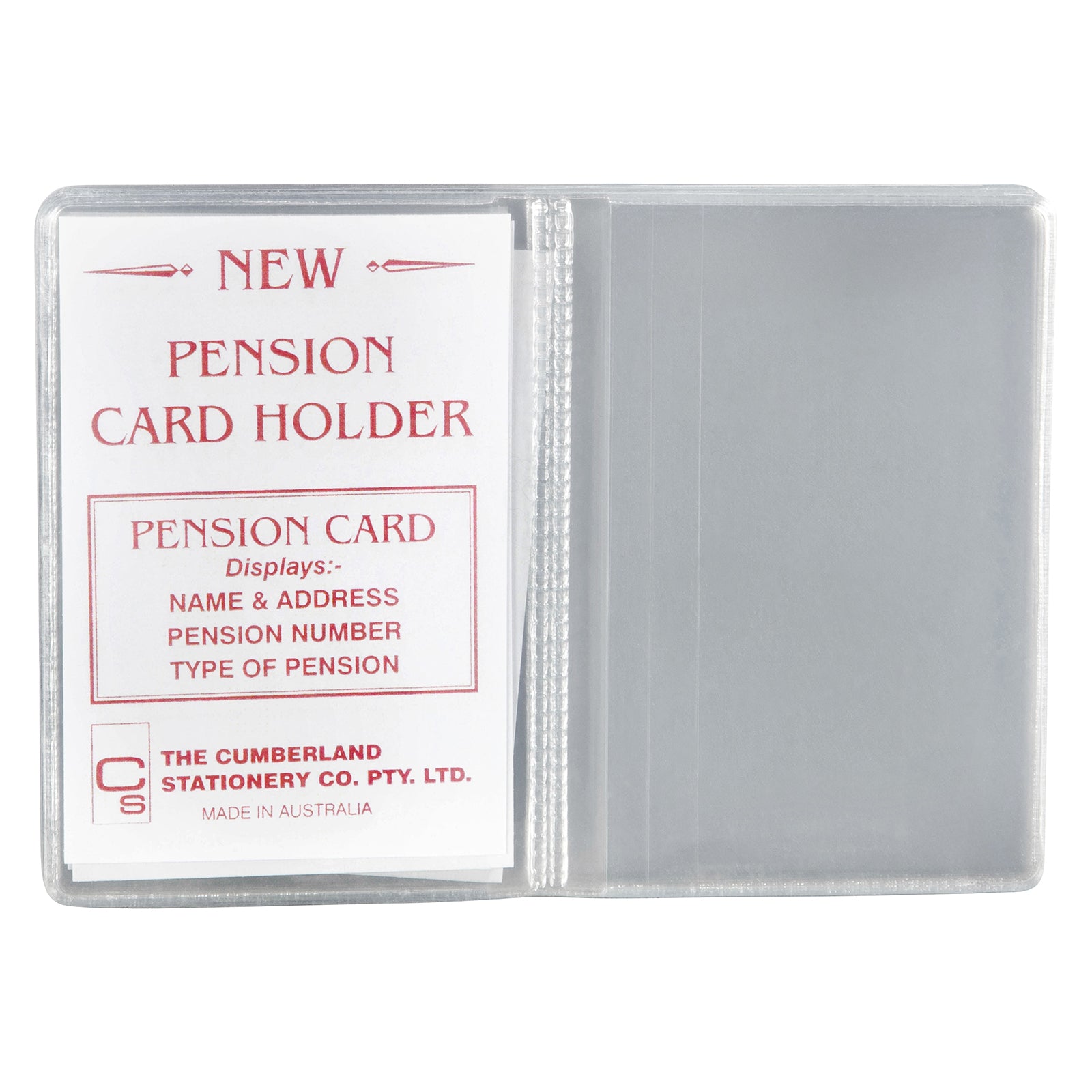 Front studio view of the Cumberland clear PVC card holder opened to display the included pension card insert, clearly showing the transparent pockets and durable stitched centre spine against a white background.