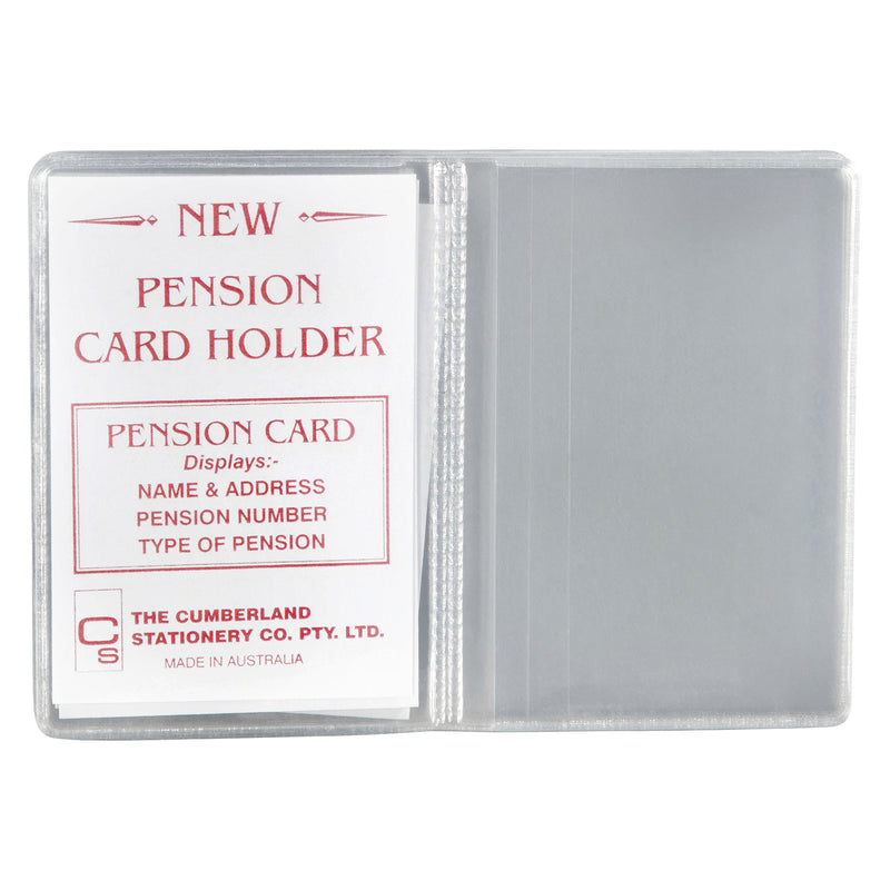 Front studio view of the Cumberland clear PVC card holder opened to display the included pension card insert, clearly showing the transparent pockets and durable stitched centre spine against a white background.