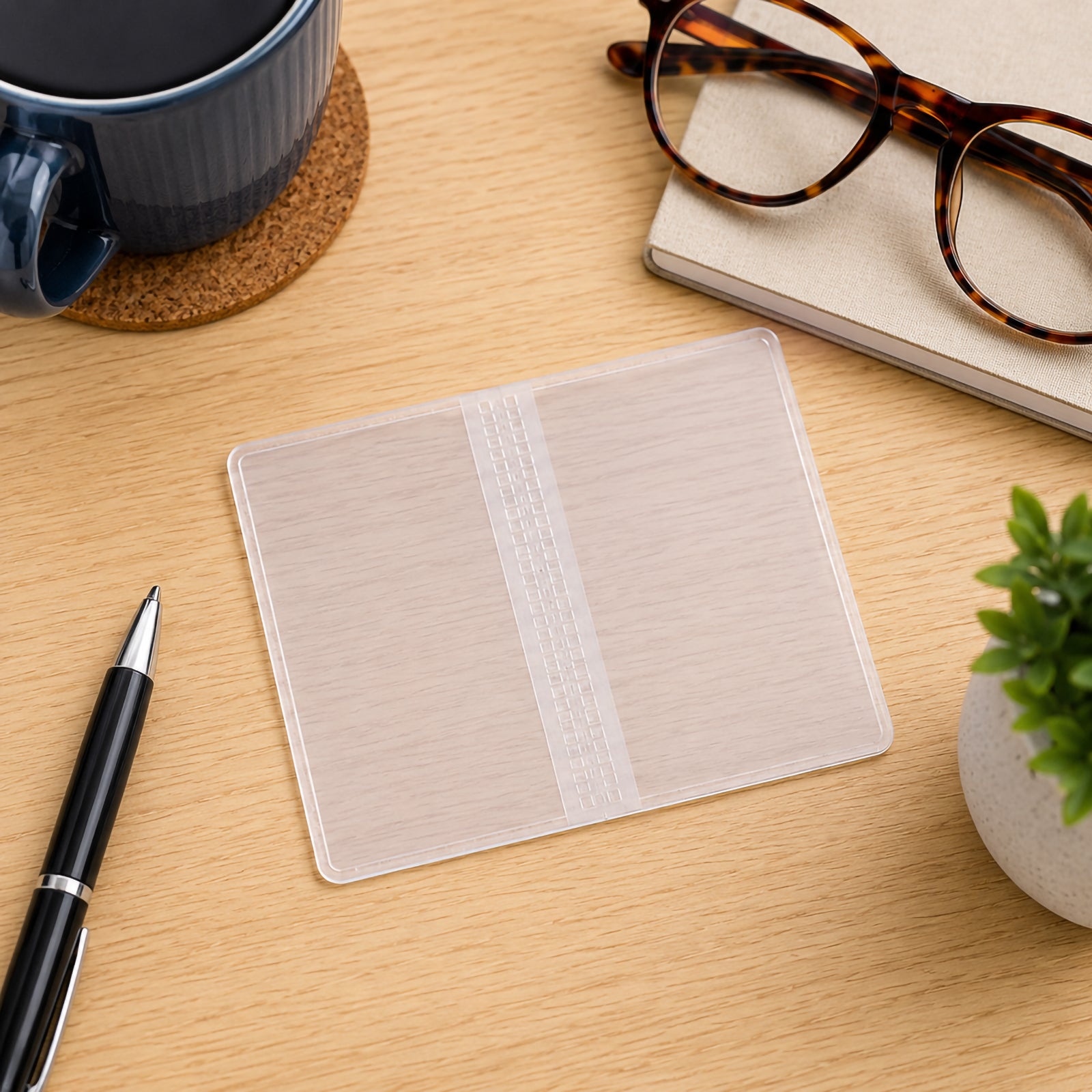 Top view of an empty Cumberland clear PVC card holder placed neatly on a timber desk surrounded by office accessories including glasses, a notebook, pen and coffee cup, highlighting its slim profile and transparent construction.