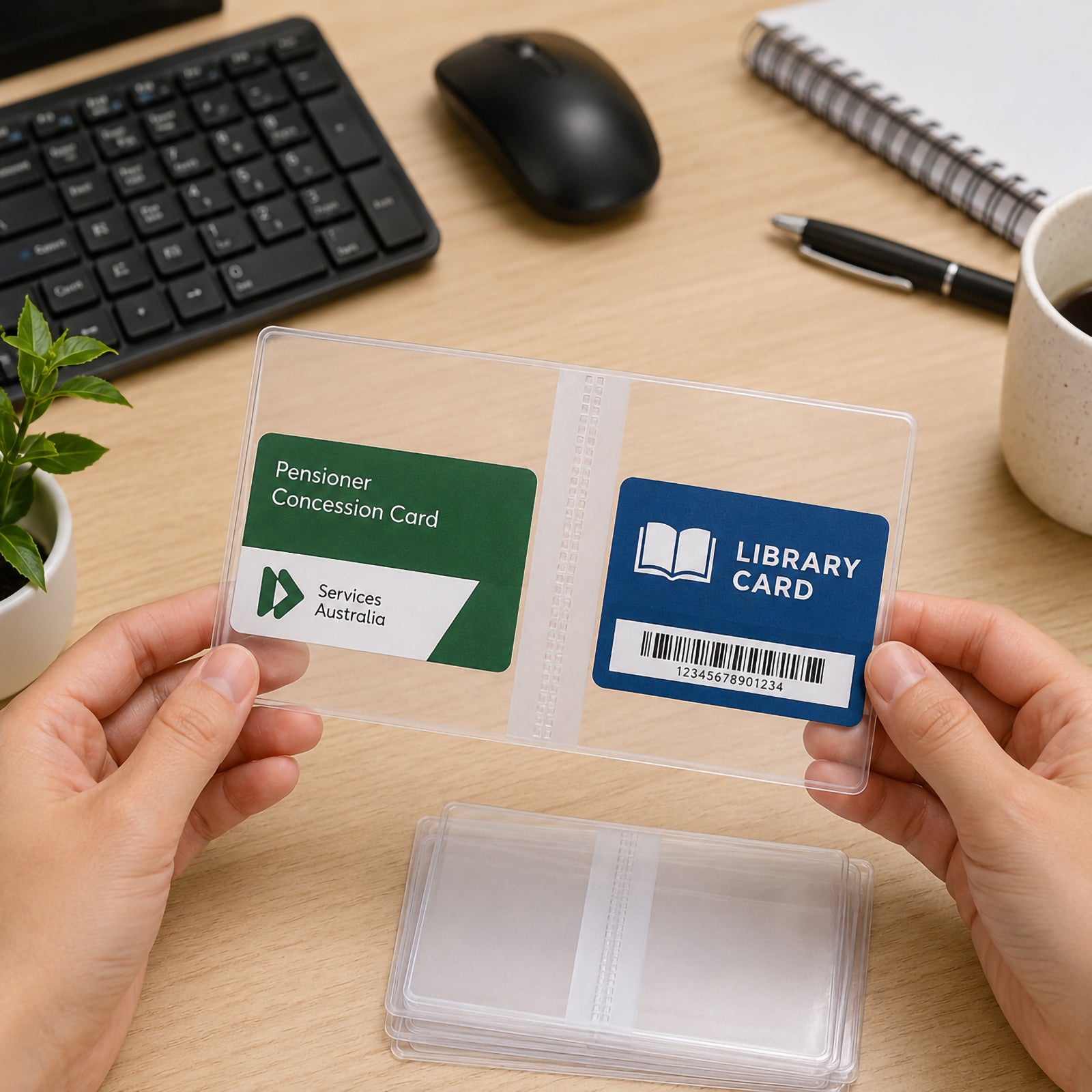 Hands hold a clear Cumberland PVC card holder displaying a pension concession card and library card inside the transparent sleeves. Several additional holders sit on the desk beside a keyboard, notebook and coffee mug, demonstrating everyday office organisation.