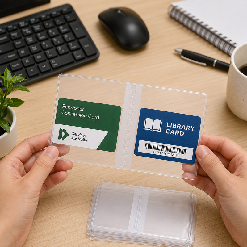 Hands hold a clear Cumberland PVC card holder displaying a pension concession card and library card inside the transparent sleeves. Several additional holders sit on the desk beside a keyboard, notebook and coffee mug, demonstrating everyday office organisation.