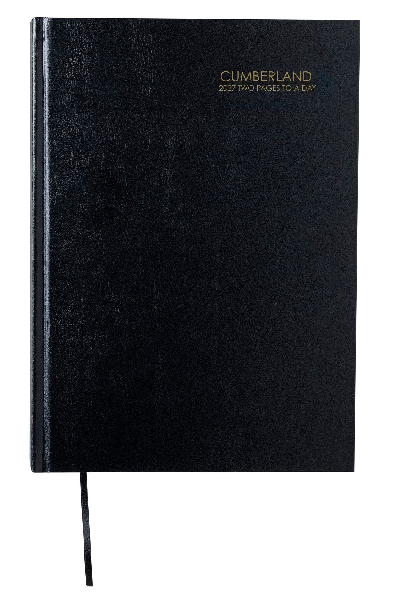 Cumberland Casebound Diary 2027 A4 2 Pages To A Day Black shown front on, the black cover, closed flat against a plain background.