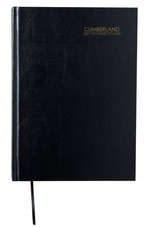 Cumberland Casebound Diary 2027 A4 2 Pages To A Day Black shown front on, the black cover, closed flat against a plain background.