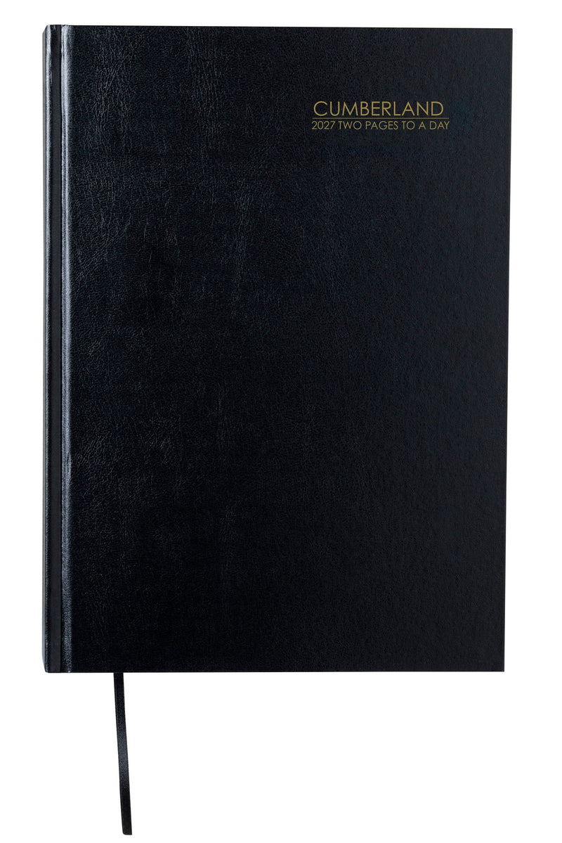 Cumberland Casebound Diary 2027 A4 2 Pages To A Day Black shown front on, the black cover, closed flat against a plain background.