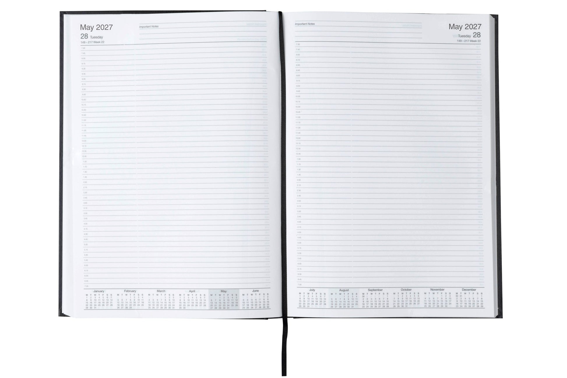 Cumberland Casebound Diary 2027 A4 2 Pages To A Day Black opened to show the printed 2 pages to a day interior pages and the dated planning grid.