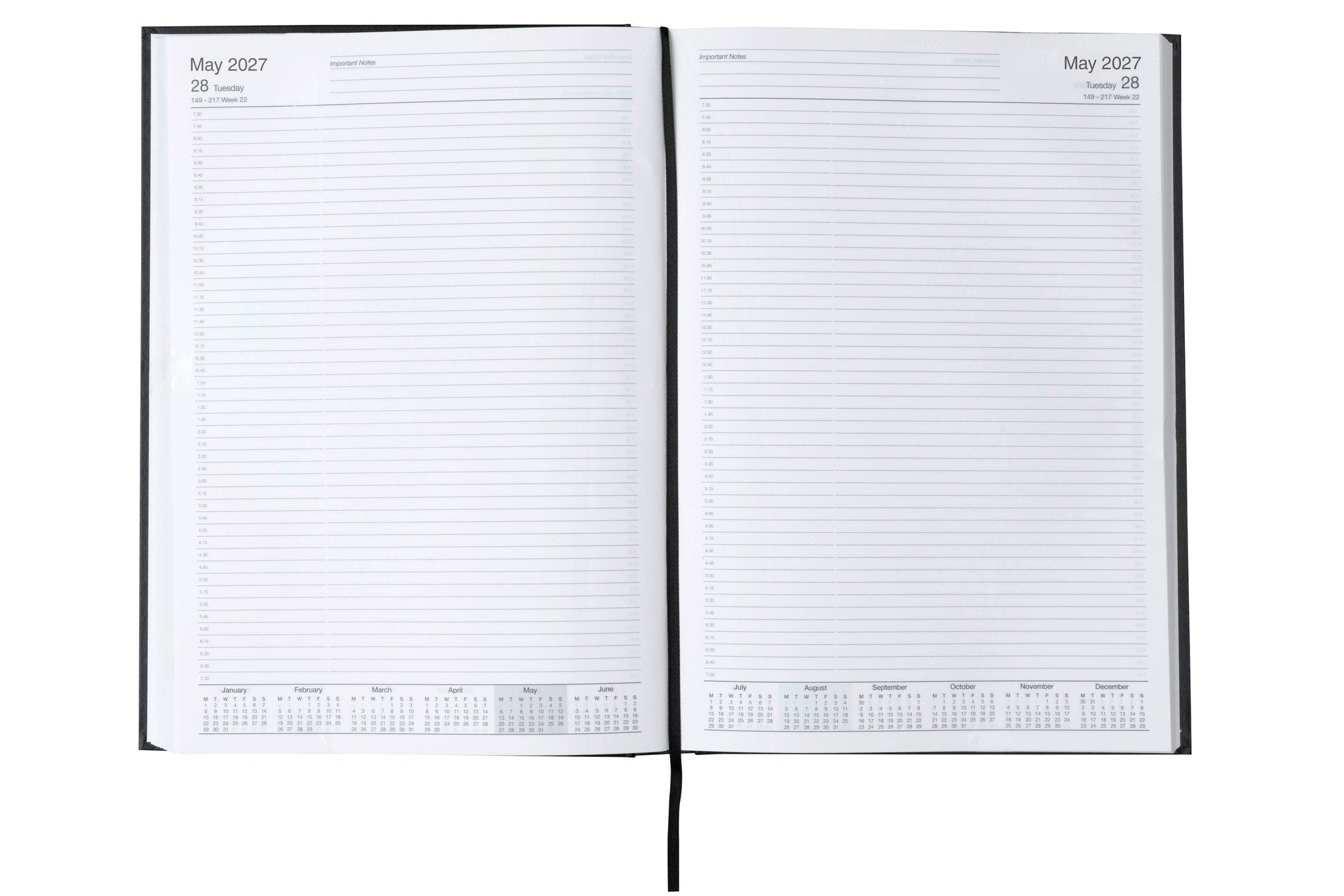 Cumberland Casebound Diary 2027 A4 2 Pages To A Day Black opened to show the printed 2 pages to a day interior pages and the dated planning grid.