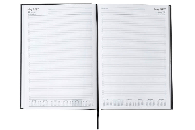 Cumberland Casebound Diary 2027 A4 2 Pages To A Day Black opened to show the printed 2 pages to a day interior pages and the dated planning grid.