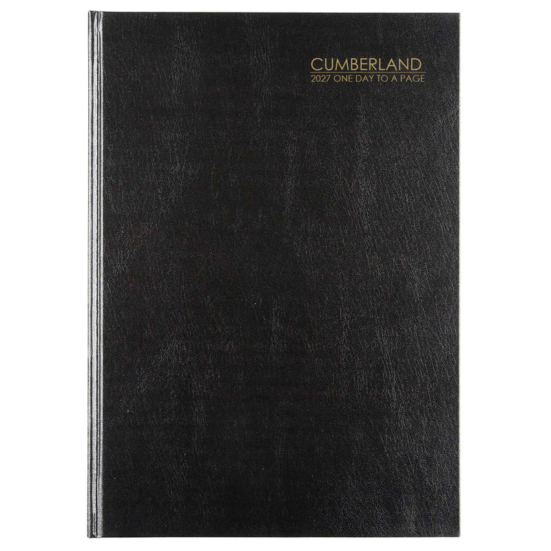 Cumberland Casebound Diary 2027 A4 Day To A Page Black shown front on, the black cover, closed flat against a plain background.