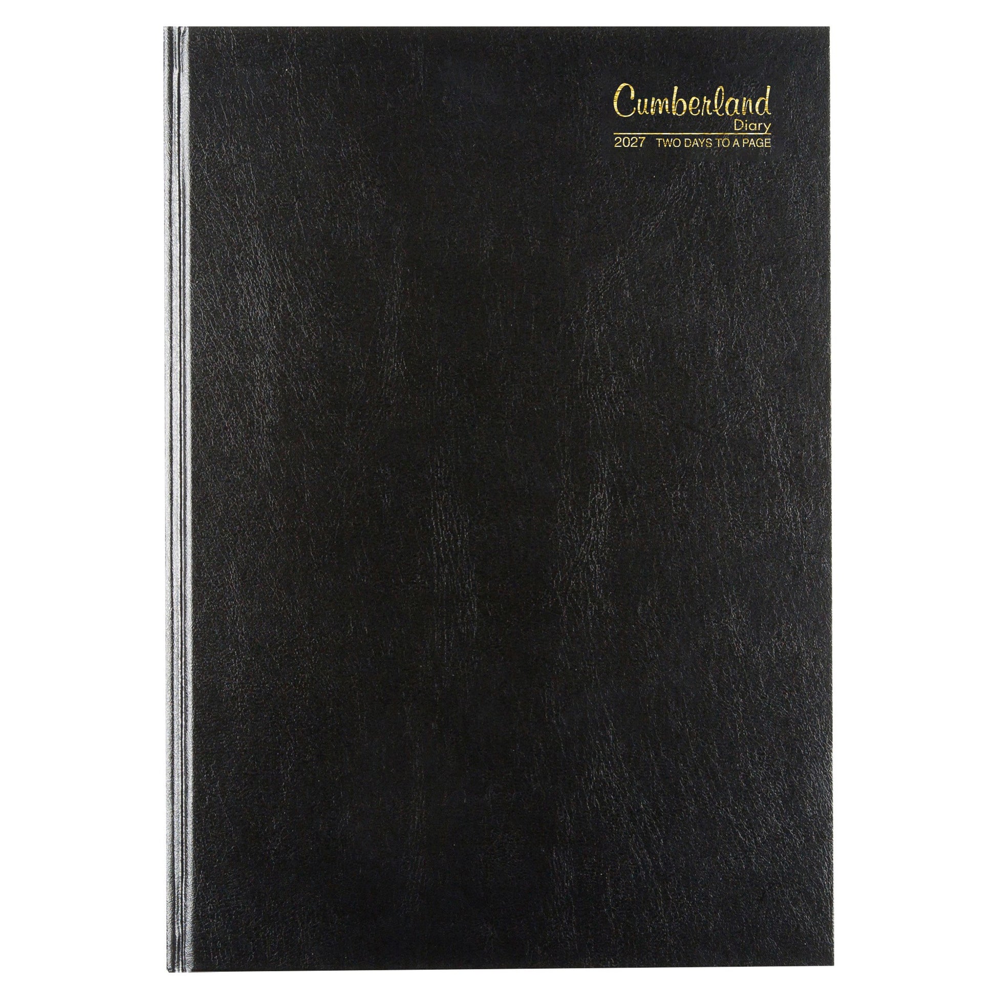 Cumberland Casebound Diary 2027 A4 2 Days To A Page Black shown front on, the black cover, closed flat against a plain background.