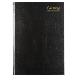 Cumberland Casebound Diary 2027 A4 2 Days To A Page Black shown front on, the black cover, closed flat against a plain background.