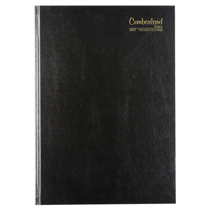 Cumberland Casebound Diary 2027 A4 2 Days To A Page Black shown front on, the black cover, closed flat against a plain background.