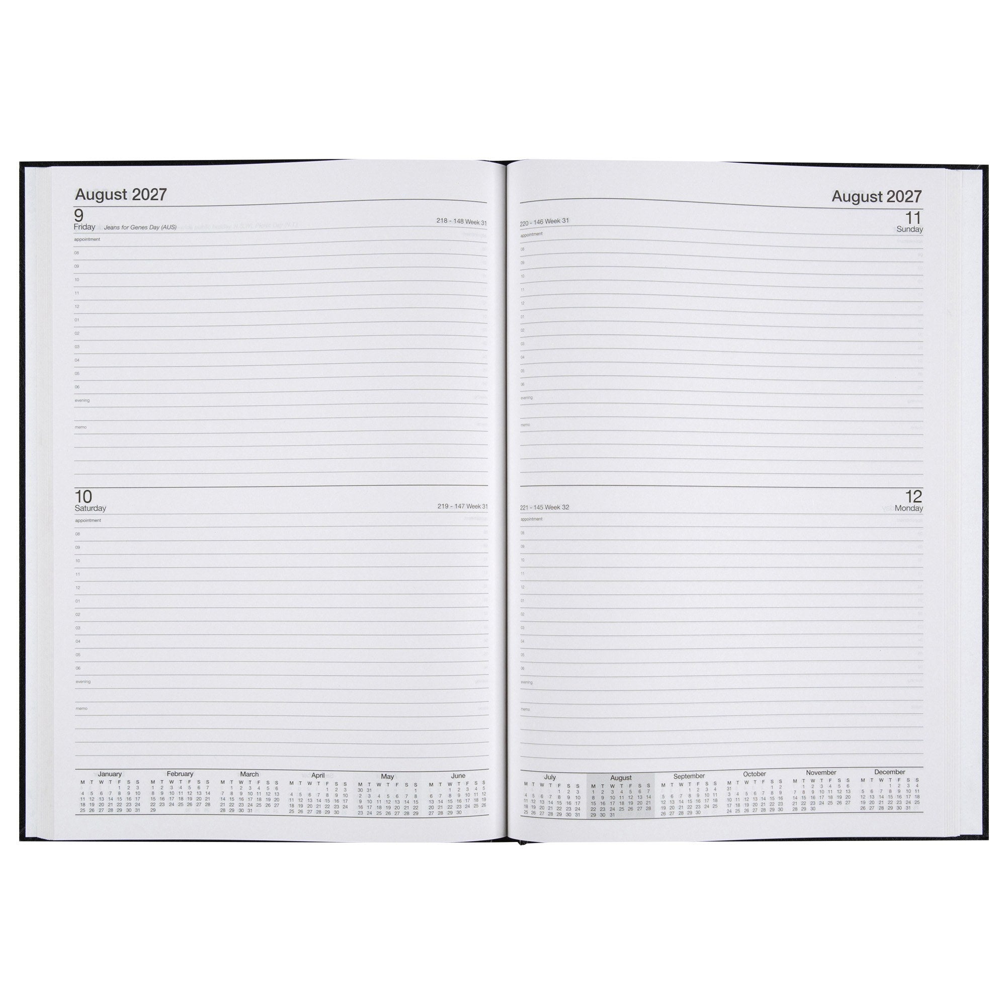 Cumberland Casebound Diary 2027 A4 2 Days To A Page Black opened to show the printed 2 days to a page interior pages and the dated planning grid.