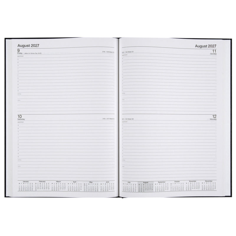 Cumberland Casebound Diary 2027 A4 2 Days To A Page Black opened to show the printed 2 days to a page interior pages and the dated planning grid.