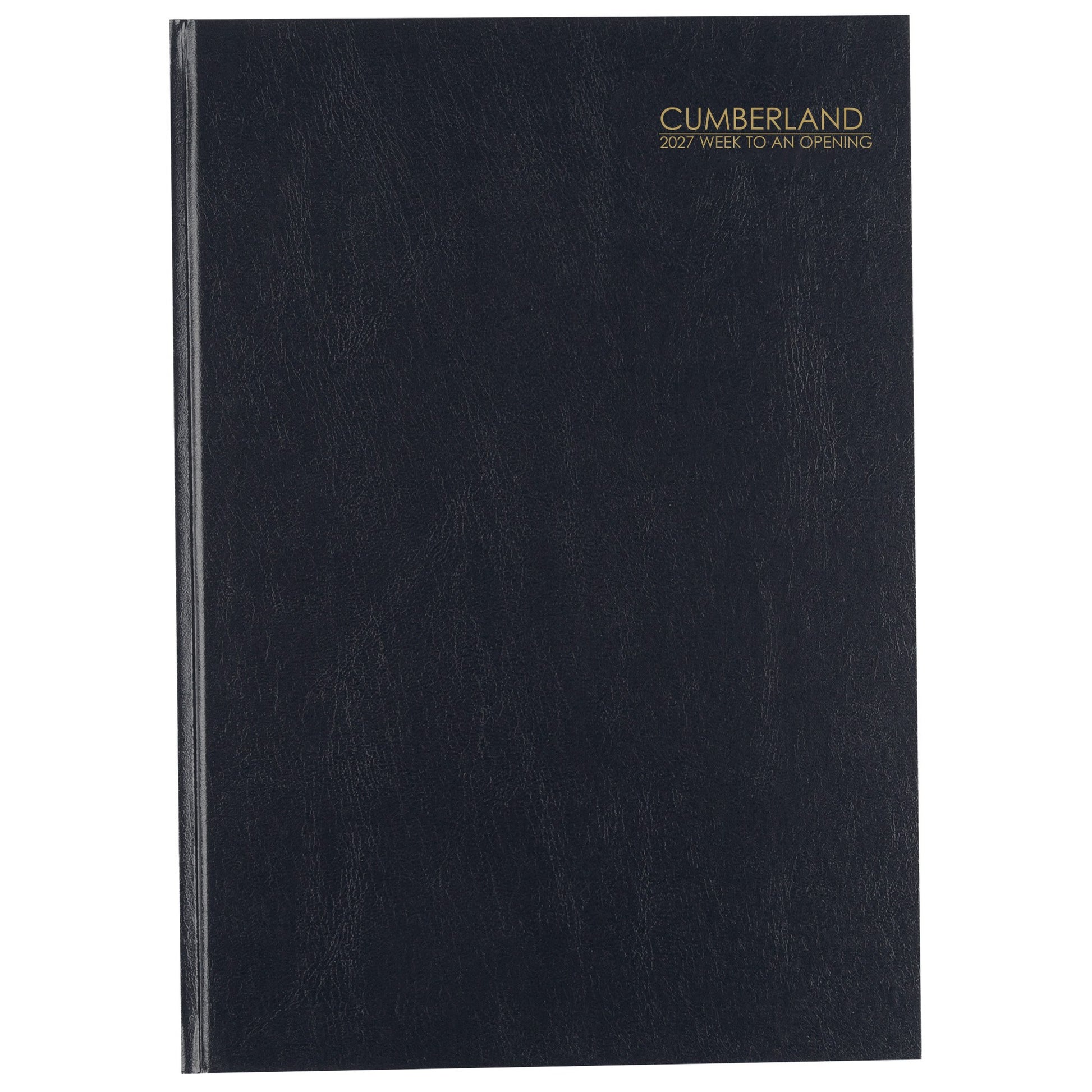 Cumberland Casebound Diary 2027 A4 Week To View Black shown front on, the black cover, closed flat against a plain background.