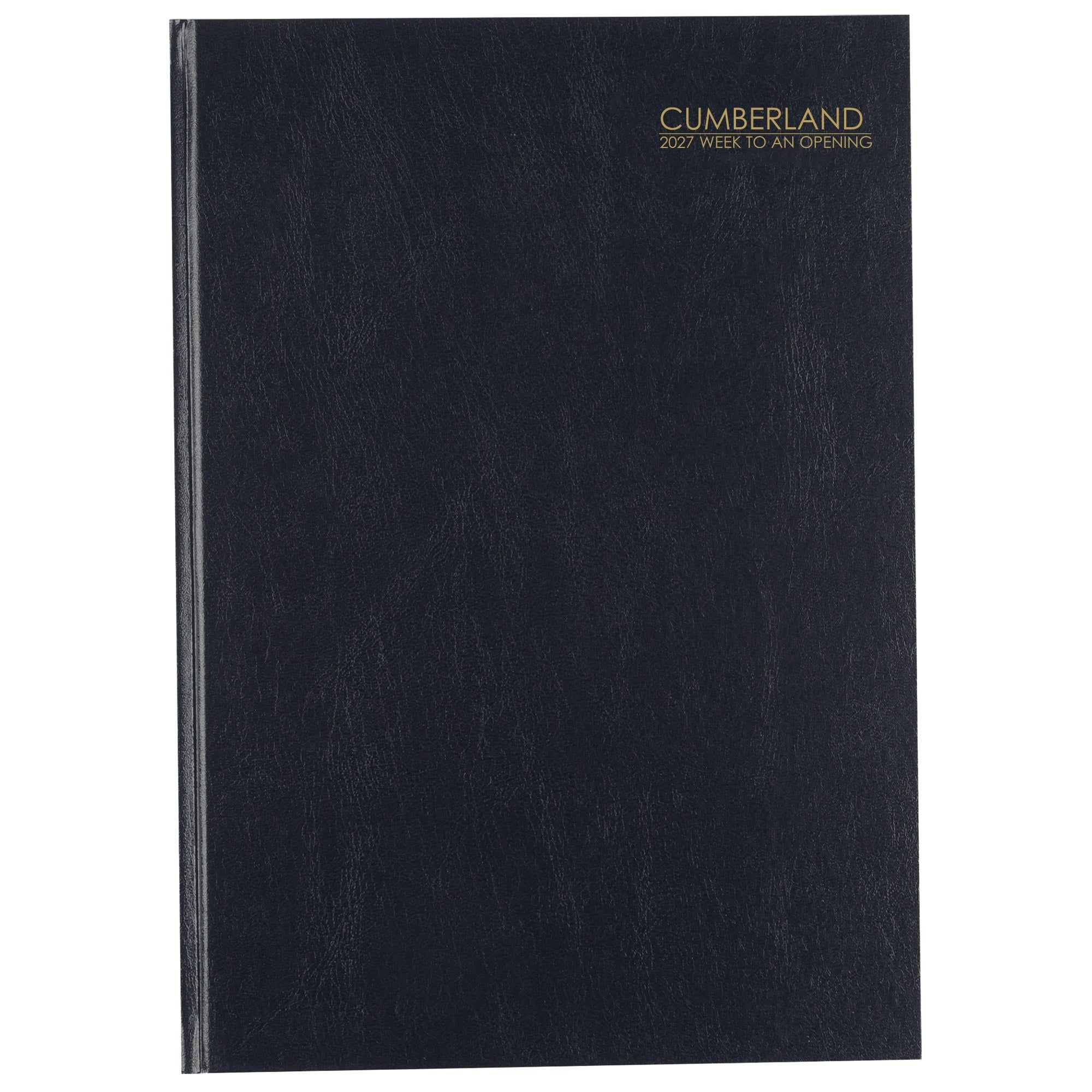 Cumberland Casebound Diary 2027 A4 Week To View Black shown front on, the black cover, closed flat against a plain background.