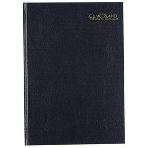 Cumberland Casebound Diary 2027 A4 Week To View Black shown front on, the black cover, closed flat against a plain background.